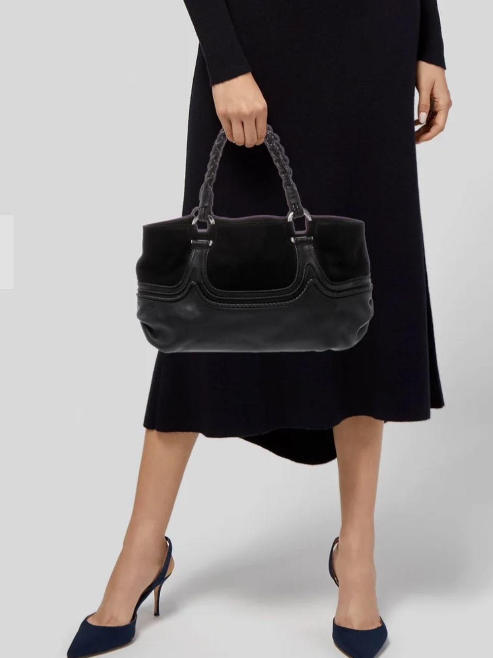 BOTTEGA VENETA Black Suede/ Napa Leather Intrecciato Shoulder Bag. Mint! MEDIUM. - Picture 10 of 13